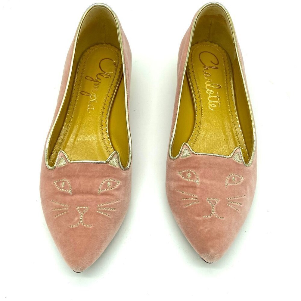 Charlotte Olympia Mid Century Kitty Cat Pink Velvet Pointed Flat EU 36 US 5.5-6 - Picture 2 of 12